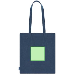 A blue tote bag with long handles and a green square design in the centre. It features a logo on one side.