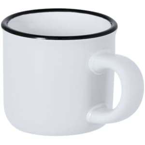 A coffee mug in white with a black rim and handle. The mug has a simple, rounded design and includes a logo.