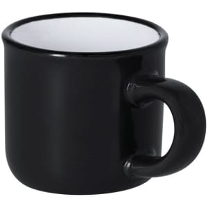 A coffee mug with a glossy black exterior and a smooth, rounded handle, featuring a plain inner surface.