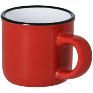 A red mug with a glossy finish and a black rim, featuring a rounded handle.