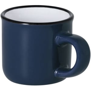 A drink mug in navy blue with a rounded body and a curved handle. It has a contrasting white interior and a logo.