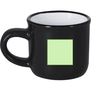 A black coffee mug with a smooth finish and a light green square design. It has a round handle and a glossy interior.