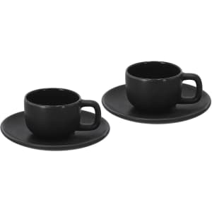 A set of two black coffee mugs with matching saucers, featuring a simple and modern design.