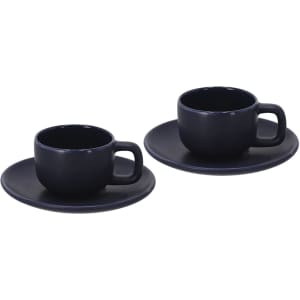 A set of two navy coffee mugs with matching saucers, featuring a modern design and smooth finish.