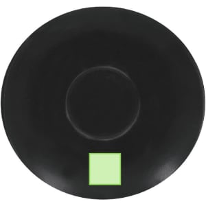 A black saucer with a smooth finish, featuring a small green square on the underside.