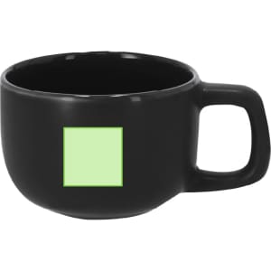 A black coffee mug with a square logo on the front. The mug has a rounded shape and a sturdy handle.