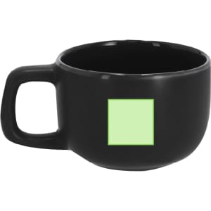 A black coffee mug with a smooth finish, featuring a blank square for customisation.