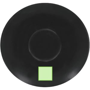 A black coffee mug set with a logo, featuring a smooth, round design and a small green square accent.