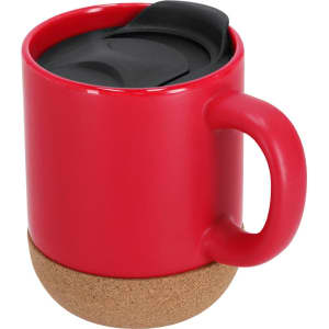 A red travel mug with a black lid and a cork base, featuring a sturdy handle and a sleek design.