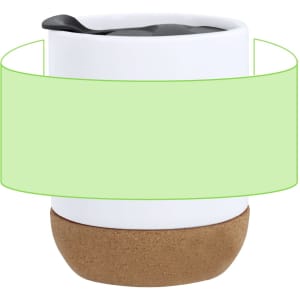A travel mug featuring a black lid with a white upper section and a terracotta base, including a logo.