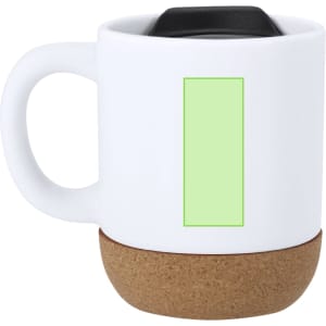 A travel mug with a white ceramic body and a cork bottom, featuring a blank green area for customisation.