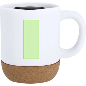 A travel mug featuring a white body with a cork base and a green rectangular area, along with a black lid.
