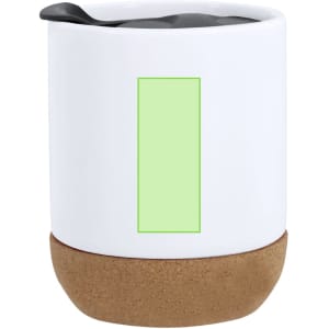 A travel mug featuring a white body, cork base, and a black lid with a blank green rectangle.