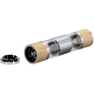 A dual salt and pepper mill featuring a bamboo exterior and transparent body, with a silver metallic mid-section.