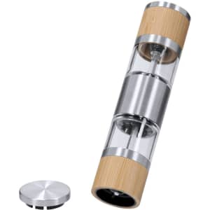 A sleek salt and pepper mill featuring a stainless steel and bamboo design with transparent sections.