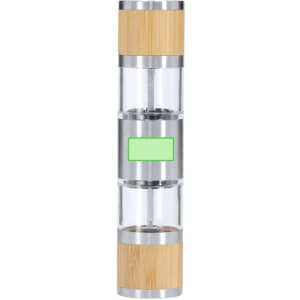 A Tiamat salt and pepper mill featuring a clear design with bamboo accents and metallic elements.