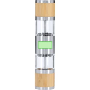 A Tiamat salt and pepper mill in clear and silver with bamboo accents. It features a sleek, modern design.