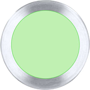 A round teal surface with a silver metal rim, resembling a decorative plate or coaster.