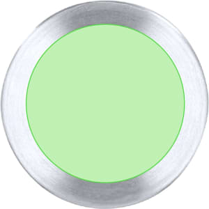 A round product with a green centre and a silver metallic rim, featuring a logo.