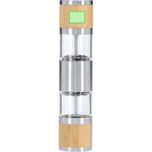 A salt and pepper mill featuring a sleek design with bamboo accents and stainless steel details. It has a logo on the side.