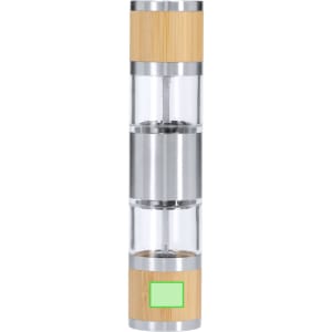 A salt and pepper mill in stainless steel and bamboo, featuring a transparent body and a logo.