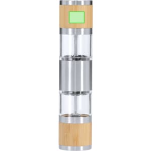 A sleek Tiamat salt and pepper mill in clear and silver with bamboo accents, featuring a stainless steel mechanism.