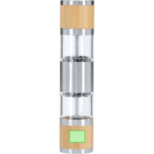 A tall, cylindrical salt and pepper mill featuring clear glass, stainless steel, and bamboo accents.