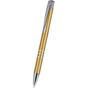 A metal pen in a gold finish with silver accents and a clip, featuring a sleek design.