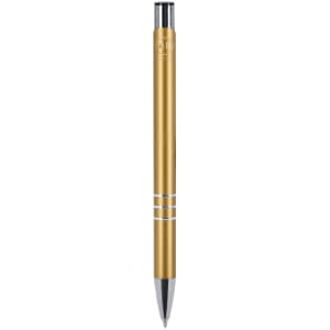 A metal pen in a gold finish with silver detailing and a branding logo.