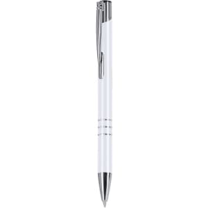 A metal pen with a white body and chrome accents, featuring a clip and sleek design. It has a logo on the side.