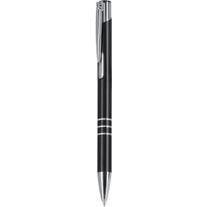 A black metal pen with silver accents and a clip, featuring a sleek and modern design.