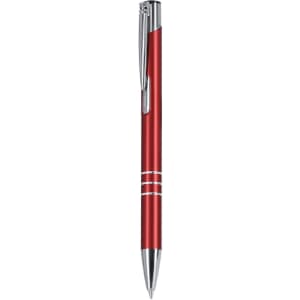 A red metal pen with a silver clip and decorative rings. It features a sleek design and a branding logo.