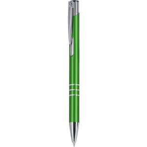 A green metal pen with a chrome clip and accents. Includes a logo on the body.