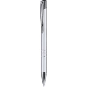A silver metal pen with a polished finish and a clip, featuring a branding logo.