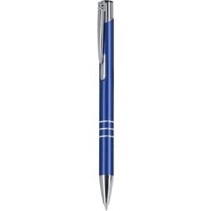 A blue metal pen with a polished silver clip and decorative silver stripes. It features a branding logo.