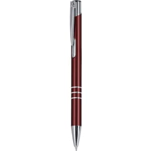 A metal pen in a deep red colour with silver accents and a sleek design. The pen features a clip and branding.