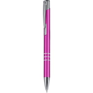 A pink metal pen with a sleek design and silver accents, featuring a clip and decorative rings.