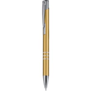 A metal pen in a gold finish with silver accents and a clip. It features a sleek, modern design.