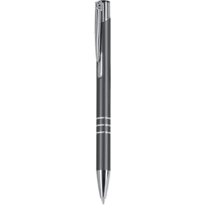 A metal pen in sleek black with silver accents and a clip, featuring a logo on the barrel.