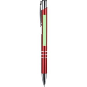 A metal pen in vibrant red with silver accents and a green section, featuring a logo on the side.