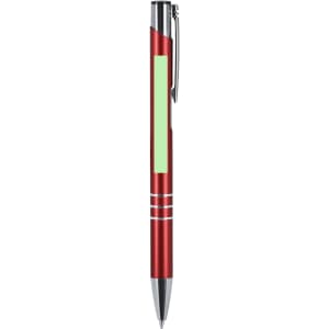 A red metal pen with a silver clip and decorative bands, featuring a green section. It has a logo on the surface.