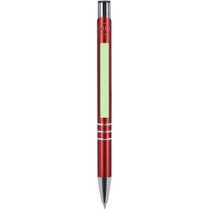 A red metal pen with a silver trim and a light green section for writing or branding. It has a logo on the surface.