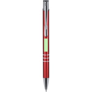 A red metal pen with silver accents and a logo, featuring a smooth finish and a click mechanism.