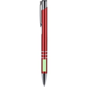 A red metal pen with silver accents and a logo, featuring a green section on the barrel.