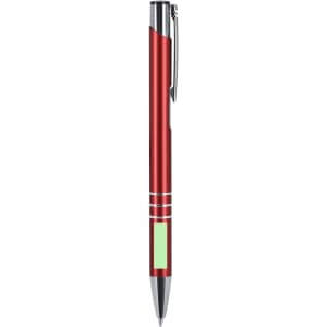 A red metal pen with a silver clip and decorative bands. It features a branding logo on the barrel.