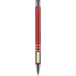A red metal pen with silver accents and a branding logo. The design features a smooth, sleek finish.