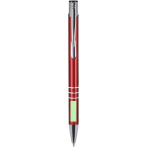 A metal pen in red with silver accents and a light green area, featuring a logo on its body.
