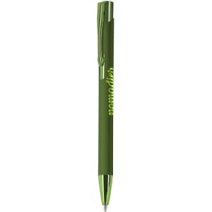 A green metal pen with a shiny finish and a clip, featuring a logo on the body.