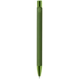 A green metal pen with a shiny tip and a branding logo at the top.