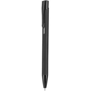 A metal pen in black with a sleek design and a clip for easy attachment, featuring a branding logo.